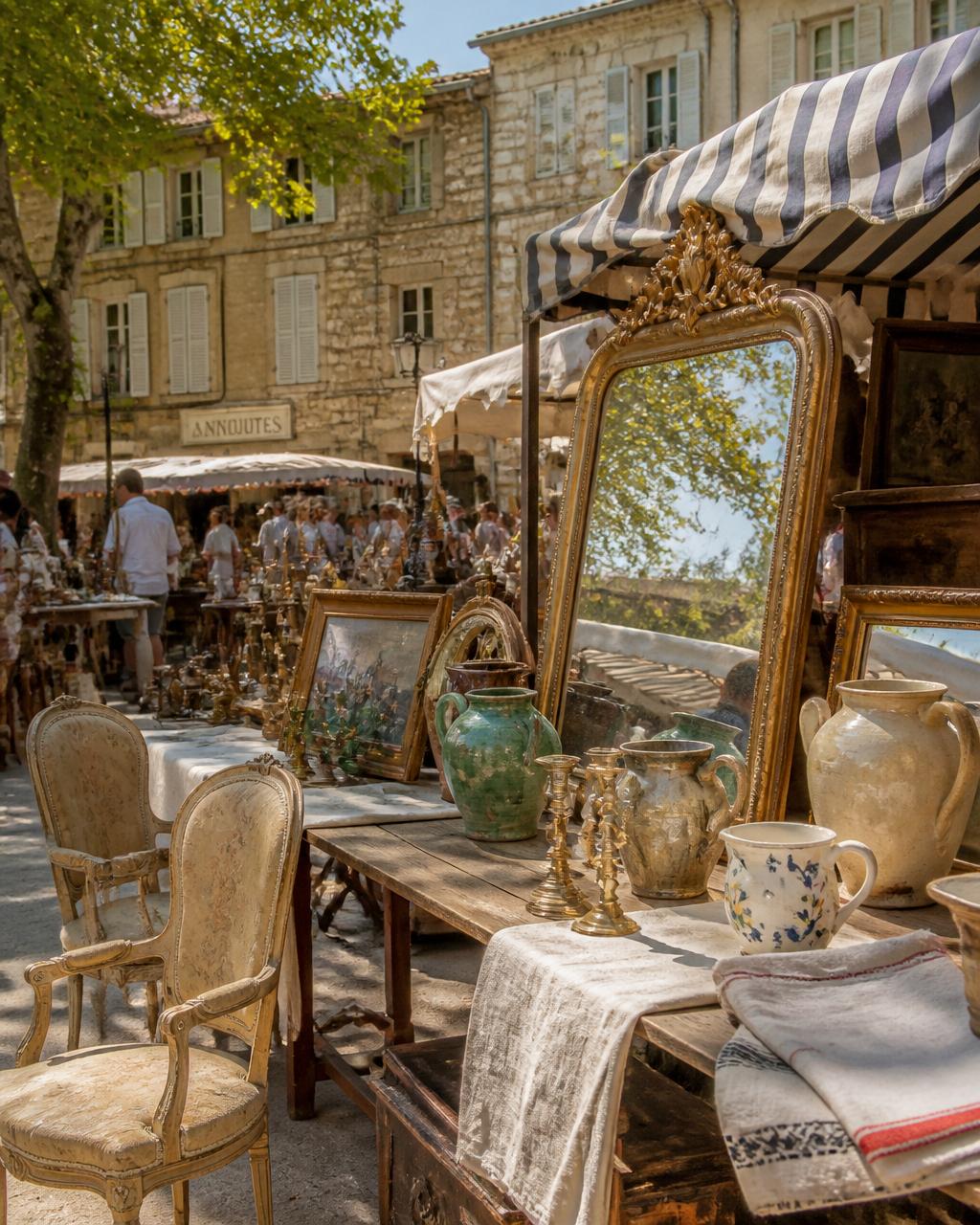 A sun-drenched antique flea market in Provence, France with gilt mirrors, vintage chairs, and brass treasures