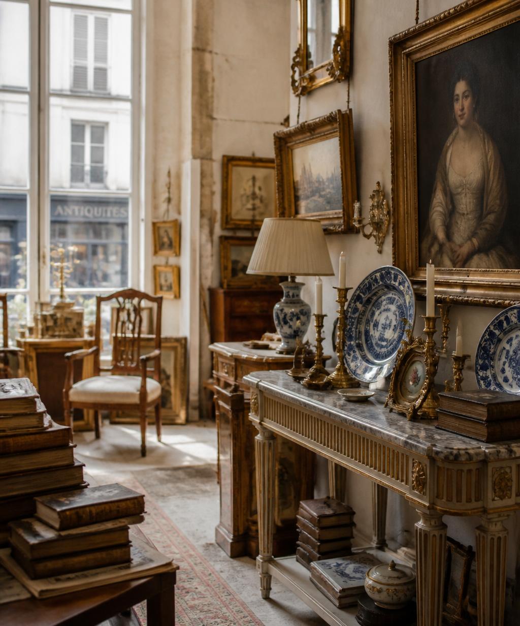 A Paris antique shop interior with gilt-framed oil paintings, brass candlesticks, faience plates, and a marble-topped Louis XVI console